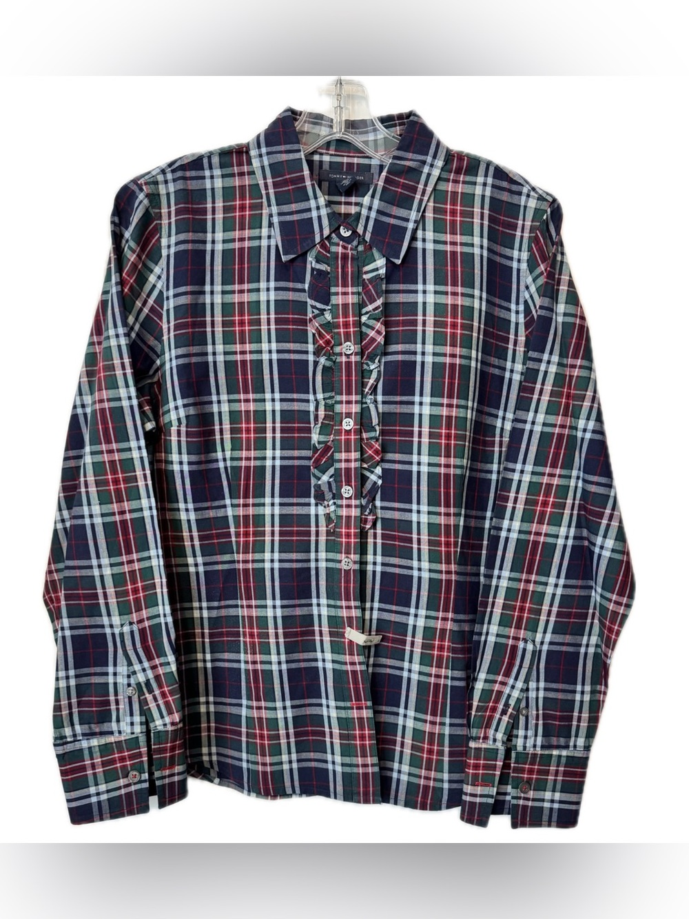 Tommy Hilfiger Ruffle Plaid Button Down Shirt Women's LG Tartan Cotton Holiday